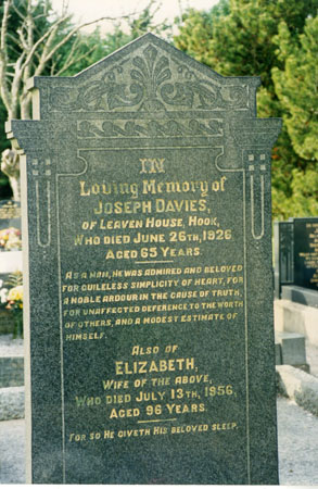 Headstone of Joseph Davies of Leaven House Hook who died June 26 1926 aged 65 years and also of Elizabeth his wife who died July 13 1956 aged 96 years